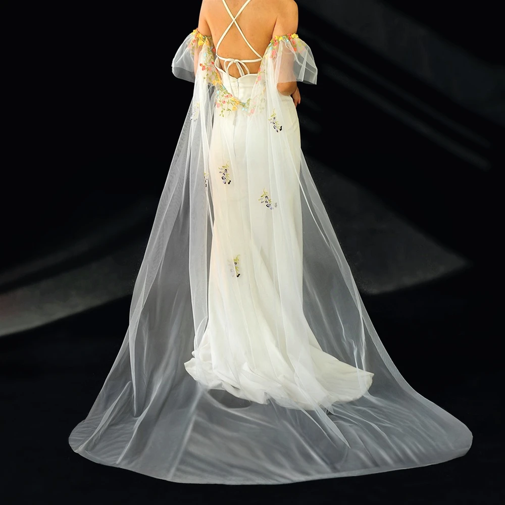 

Bohemian Colorful Embroidered Lace Tulle Wedding Wraps 2M Long Sleeve Bridal Capes Wedding Accessories Wedding Bolero Marriage