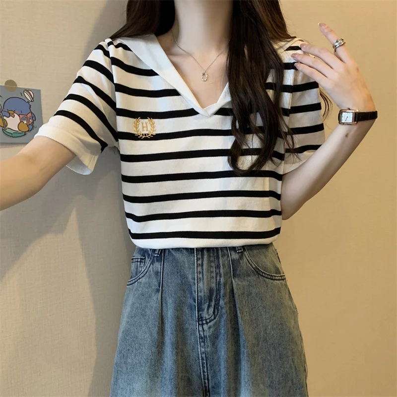 College Style Striped T-shirt Women Navy Neck Ice Silk Knitted Short Sleeve Top Blouse