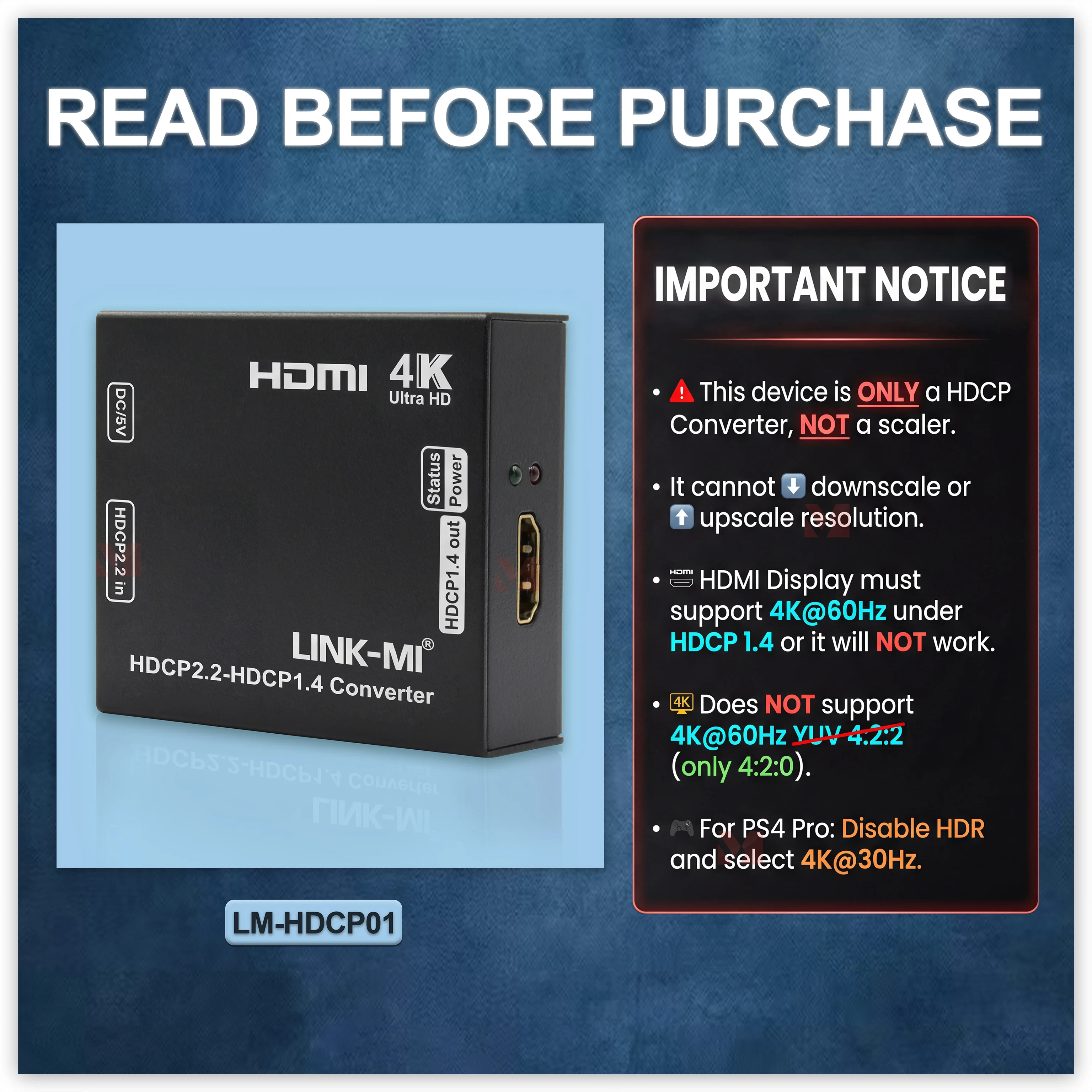 HDMI Converter HDCP2.2 to HDCP1.4 4Kx2K@60HZ YUV 4:2:0 Dolby DTS