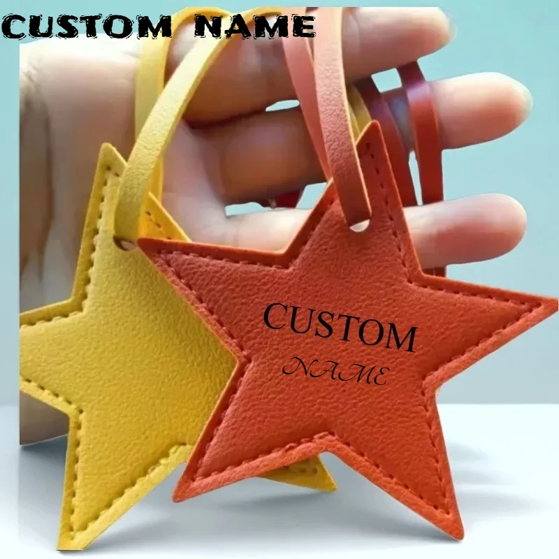 

PU Leather Star Shaped Pendant Key Ring Fashion Luggage Hanging Decoration DIY Keychain Custom Logo Name Simple Couple Gift