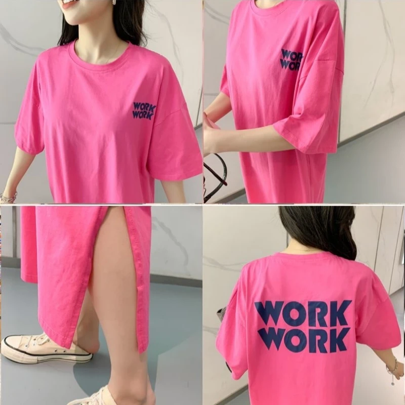 Summer Casual Long Dress Women's Loose Printed Letter Short Sleeve Mid-calf Length T-Shirt Dress Korean Style Split Dress