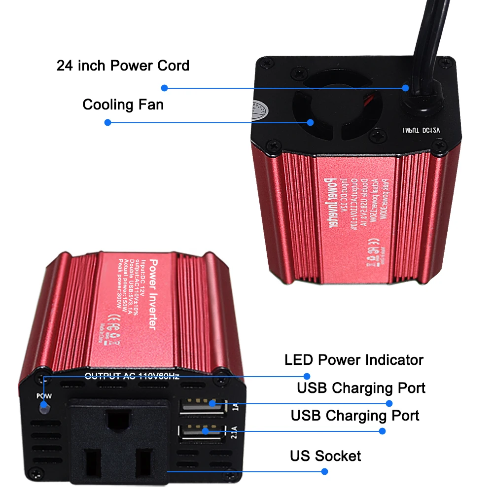 US Inverter 12V 110V Modified Sine Wave Inverter 300W Stable Power USB Socket Auto Inversor Converter Car Inverter CE