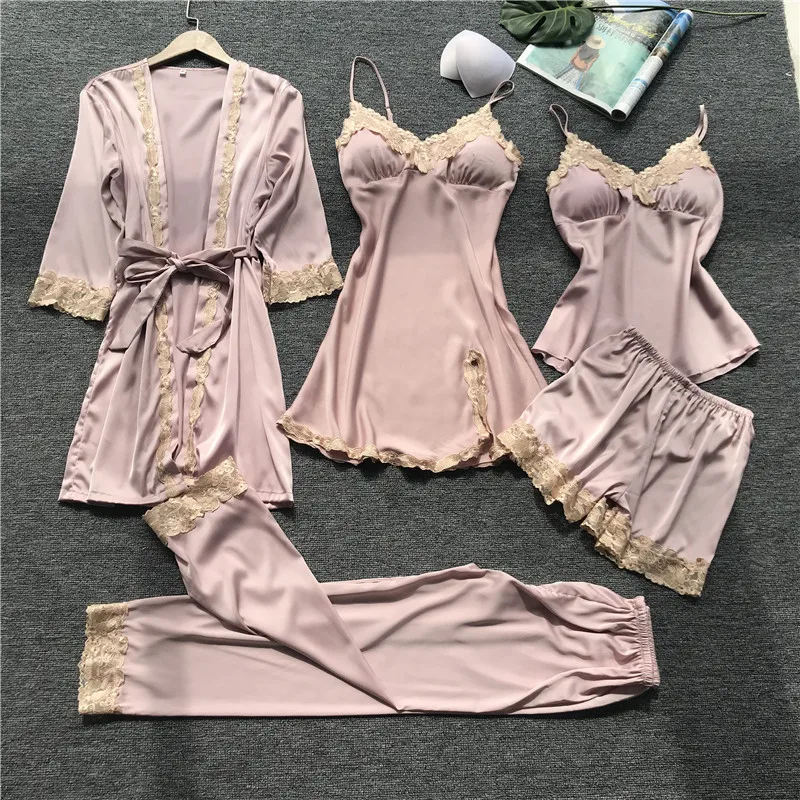 5pcs V-Neck Nightwear Pajamas Sets Bride Wedding Nightwear Sexy Womens Lace Sleepwear Sleep Suit Spring Casual Satin Pijamas