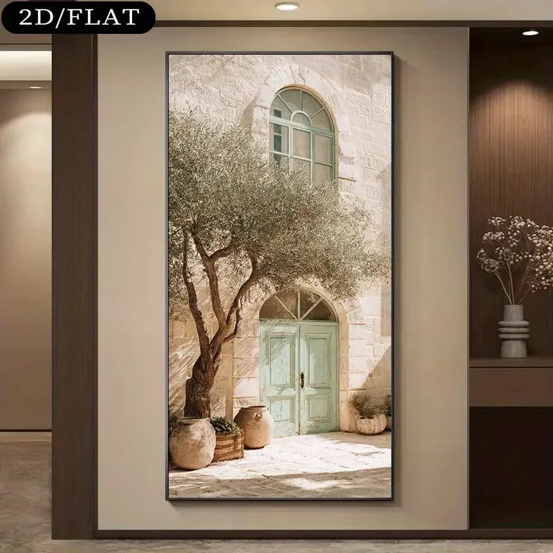 1pc frameless Canvas Painting 1pc Extra Large Modern Minimalist Canvas Painting - Olive Tree & Arched Doorway Wall Art Print, Fr