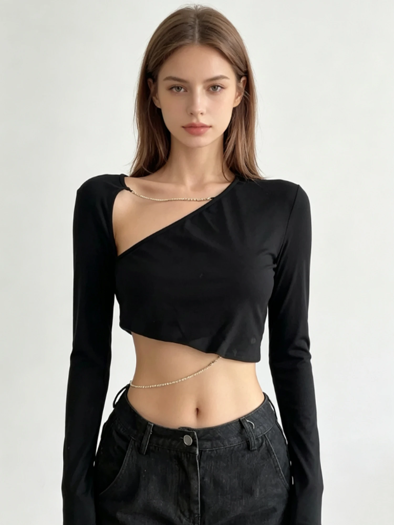 Women's Black Gothic Emo T-Shirt Y2K Gyaru Dark Style Long Sleeve T-Shirt Vintage Korean style Cropped Tee Top for Women Autumn