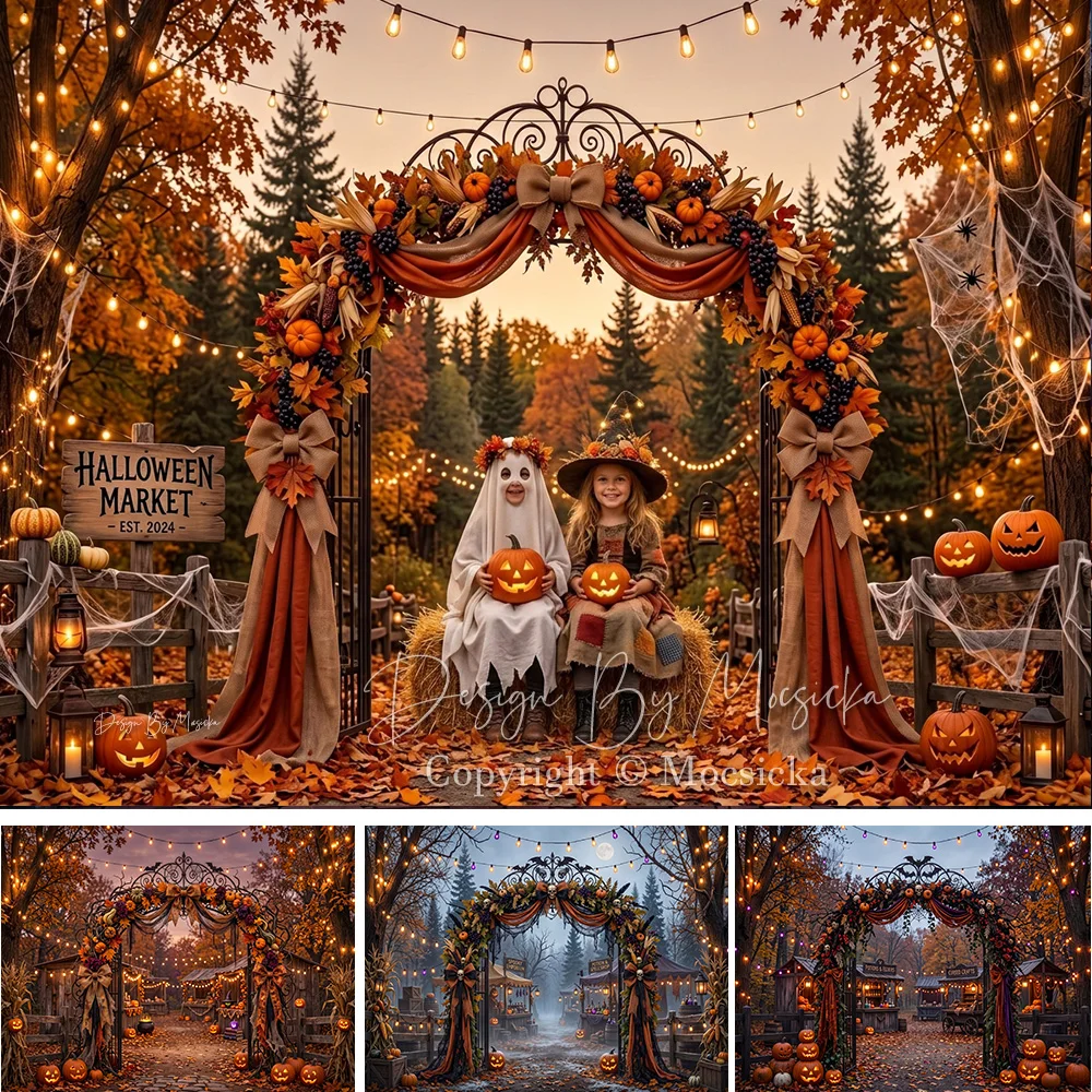 Mocsicka Rustic Halloween Market Backdrop Photography Pumpkin Wooden Fence Fall Forest Maple Arch Door Background Kid Photobooth