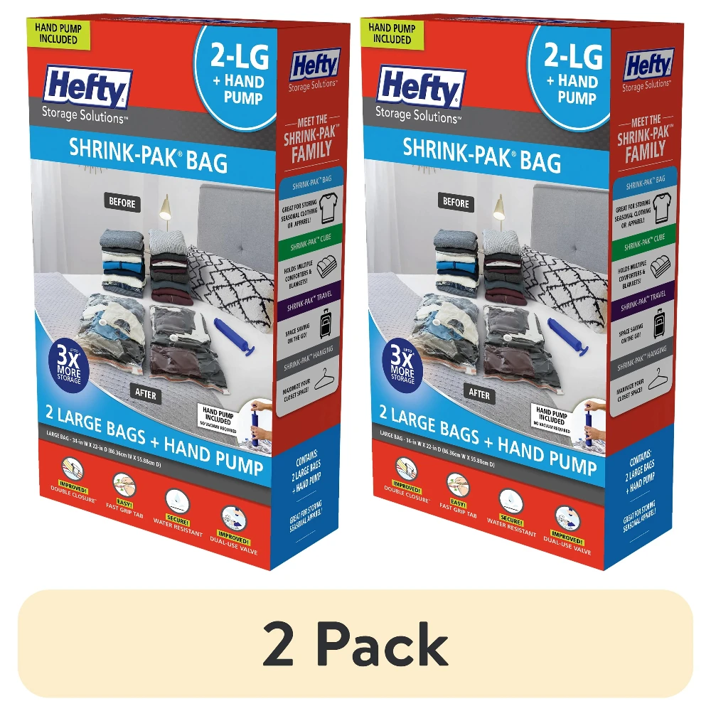 

(2 pack) 2 Large Vacuum Compression Bags, with 1 Hand Pump, Closet Organizer, Adults and Tweens.