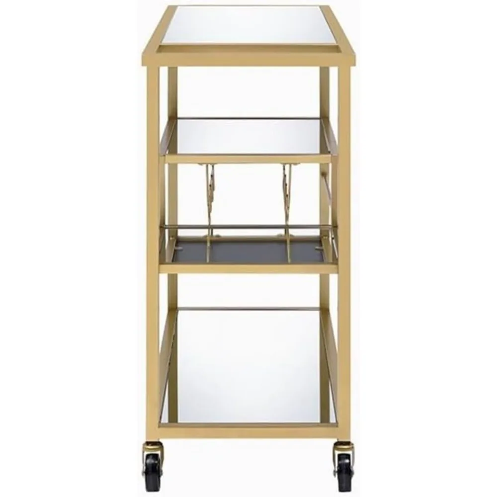 Adamsen Rectangular Glass Top Serving Cart with 3 Tiers in Gold