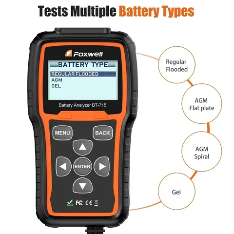 Тестер батареи Foxwell BT715 Plus, 12 В и 24 В, анализатор гелевой батареи AGM EFB, обновление цветного экрана для BT100 и BT705