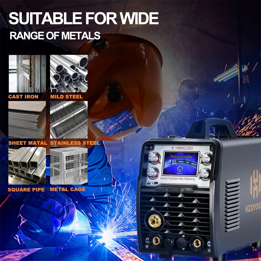 

HZXVOGEN 200A 4 in 1 Aluminum Welding Machine Gasless Gas MIG/MMA&ARC/LIFT TIG Inverter Welder Synergy Tool HBM2280 110V 220V