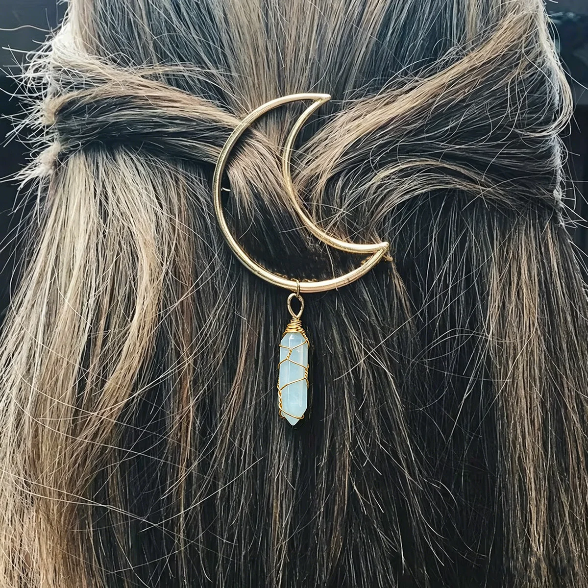 1pc Crescent Moon Hair Clip Wire Wrapped Natural Crystal Point Pendant Hairpin Boho Witch Gemstone Hair For Women Girls