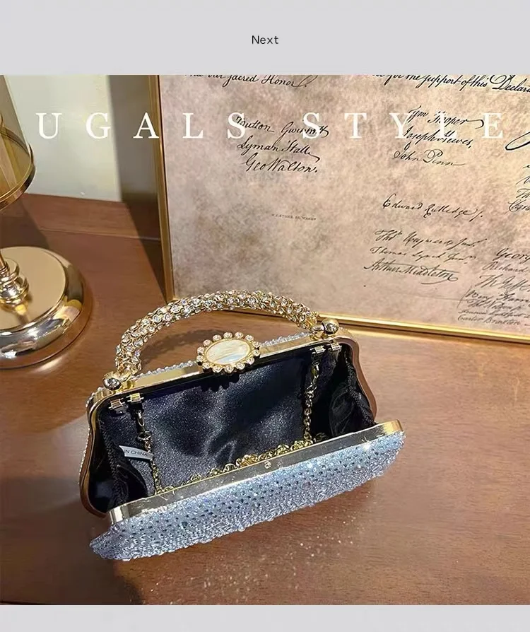 Borsa da donna di lusso con manico in metallo glitterato Borsa da sera con diamanti lucidi in cristallo Borsa da sera con pochette per festa di