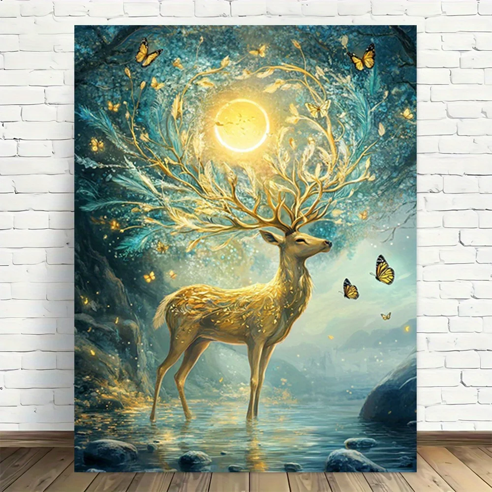 2D Flat, 1pc Enchanted Forest Deer Fantasy Frameless Canvas Wall Art - Modern Vintage Design with Golden Deer, Glowing Butterfli