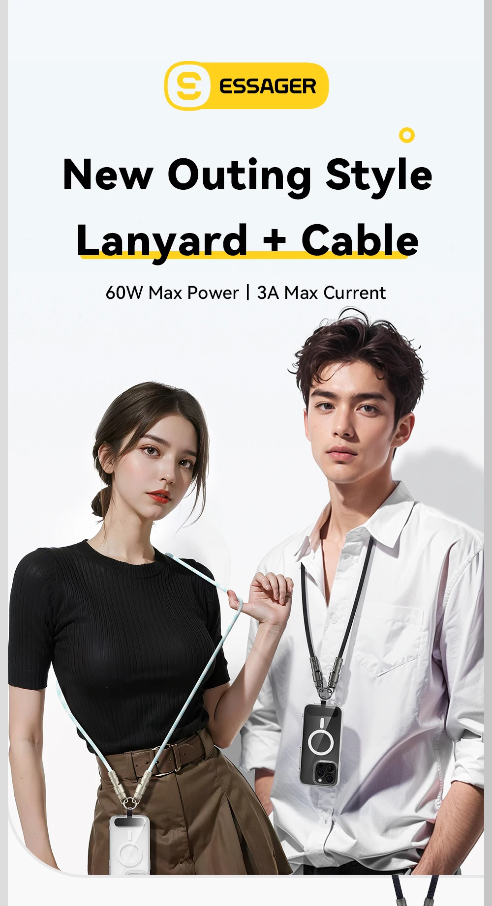 Essager 2 in 1 60W USB-C to Type-C Lanyard Data Cable 3A PD Fast Charging For iPhone 16 15 Samsung Huawei Laptops Anti-lost Rope