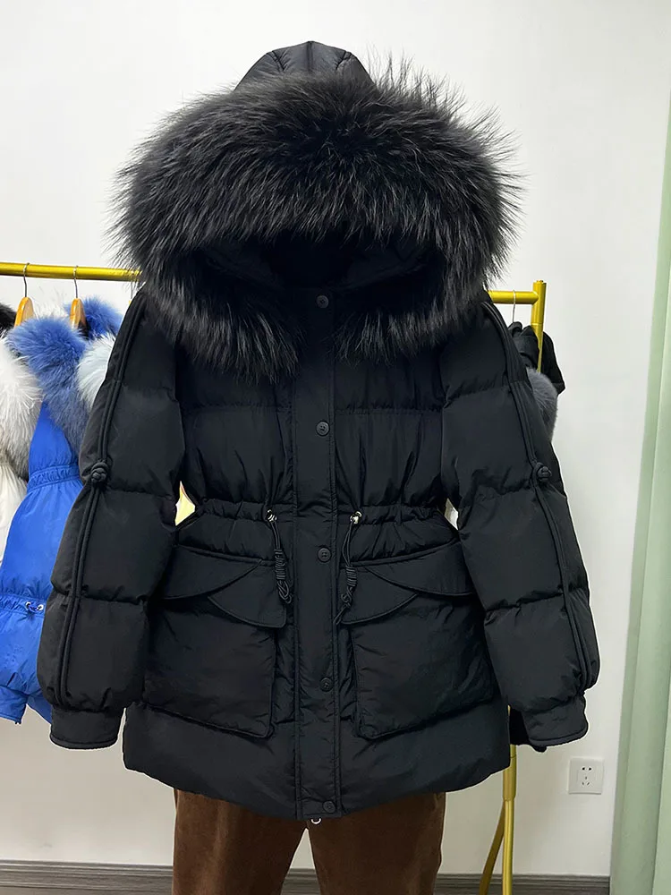 Novo inverno grande real pele de guaxinim com capuz pato para baixo jaqueta de enchimento feminino solto à prova dwaterproof água puffer casaco engrossado quente macio parka