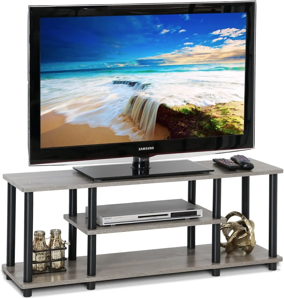 

Turn-N-Tube No Tools 3D 3-Tier Entertainment TV Stand up to 50 inch TV, Round Tubes, French Oak Grey/Black