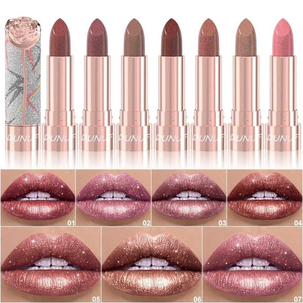 New 7 Colors Metallic Lipstick Floral Embossed Waterproof Shimmer Lip Glaze Pearlescent Pearl Pink Lip Mud Cosmetic