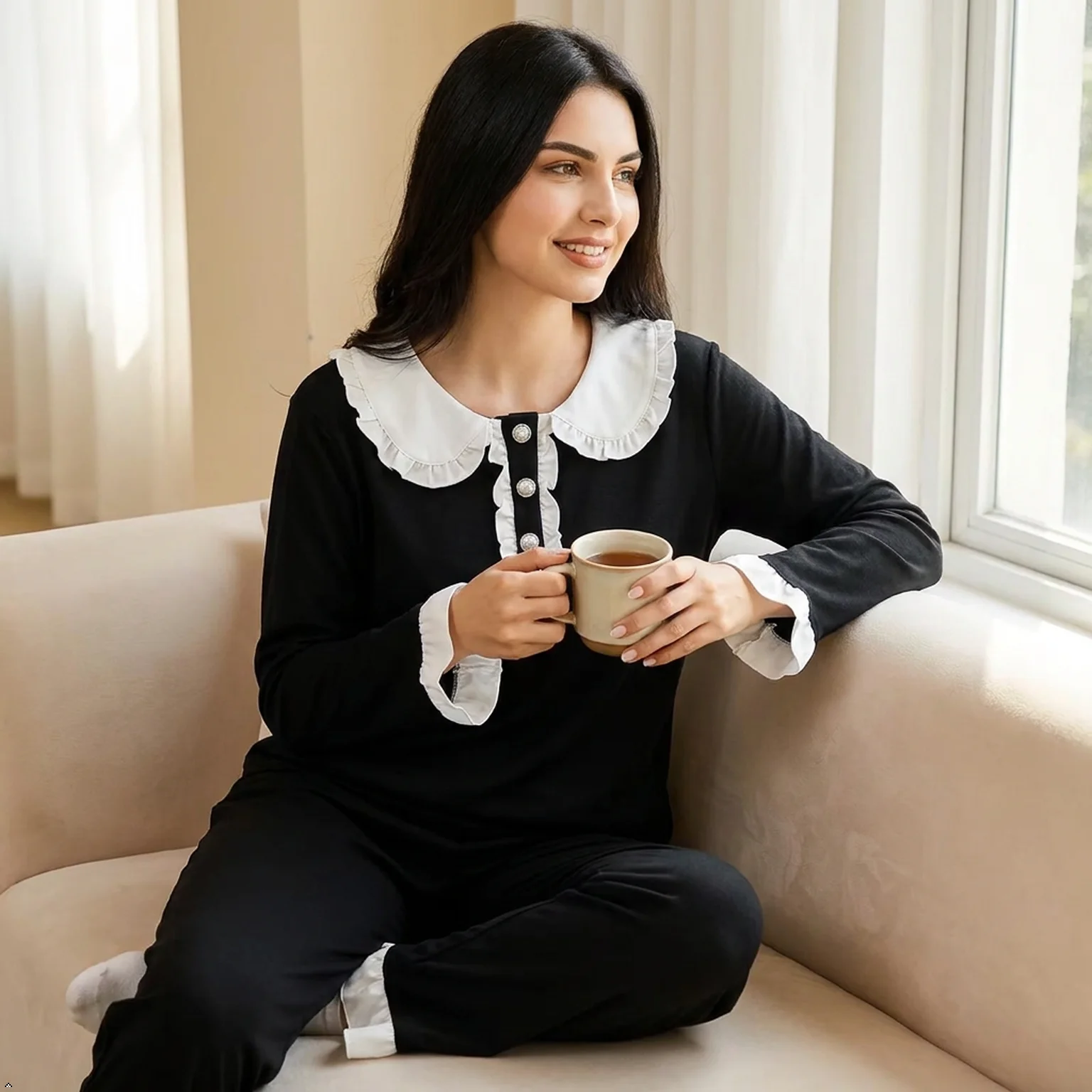 Pajamas for Women Set Lounge Pearl Button Princess Neck Black Color Spring Cute Pj Sets for Woman