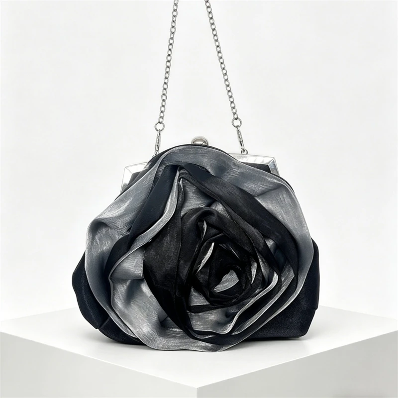 3D Rose Flower Women Clutch Evening Bag Pink Satin Handbag With Removable Chain For Wedding Bridal Banquet Party Prom Date Use