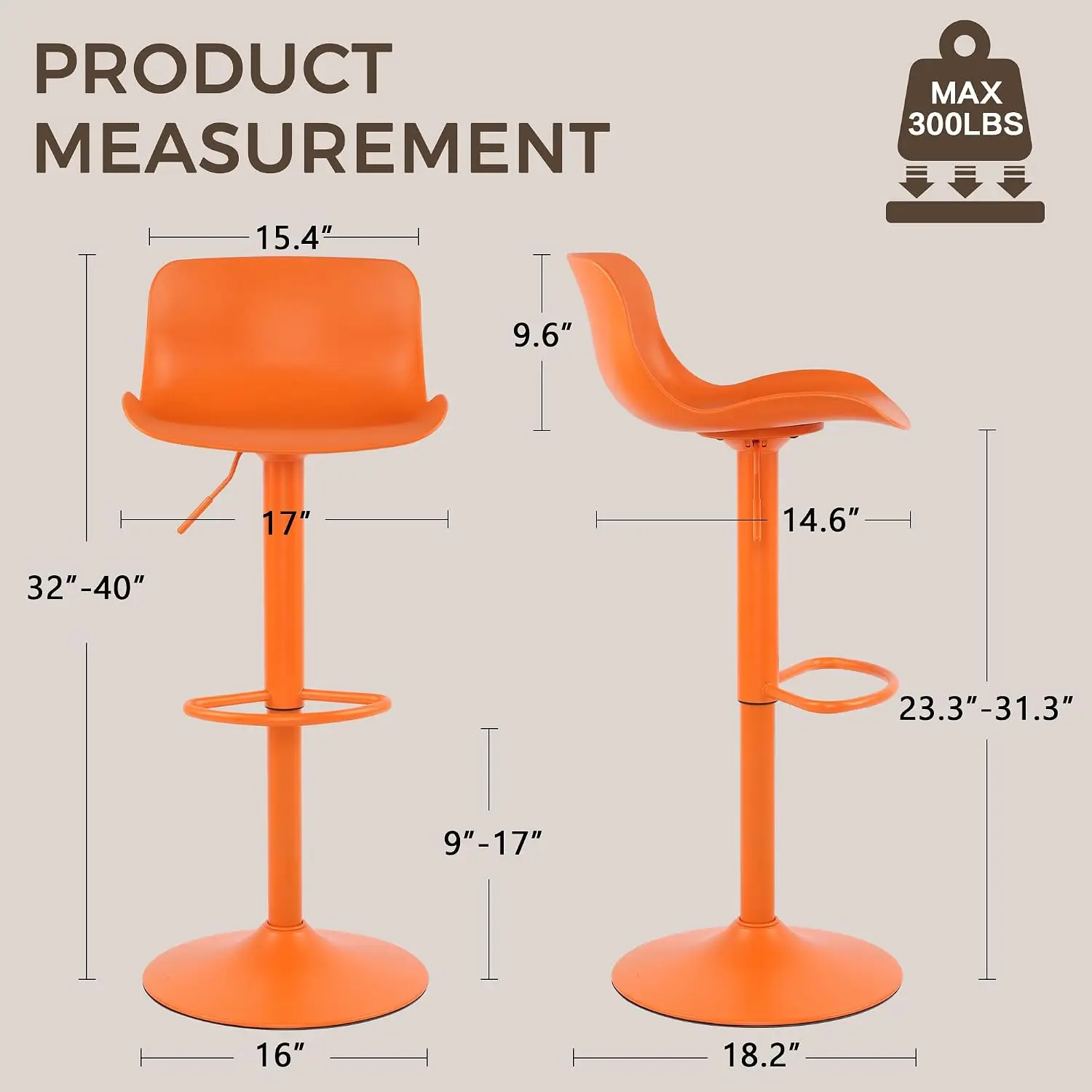 Swivel Bar Stools with Plastic Shell Back, Adjustable Height Modern Armless Kitchen Island Counter Chair, 2PCS, Customized