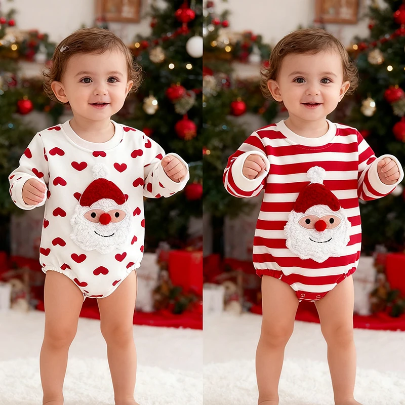 

2025 New Year Clothing 0-24M Newborn Baby Boys Girls Bodysuits Long Sleeved Cartoon Velvet Jumpsuit Christmas Children Clothes