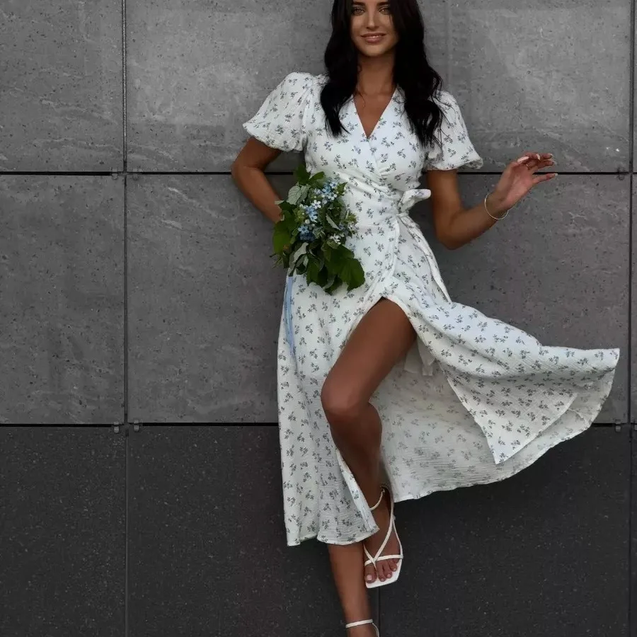 Vestido longo estampado f de verão, com amarração na cintura, manga bufante, saia em linha A, cintura alta, estilo cas...