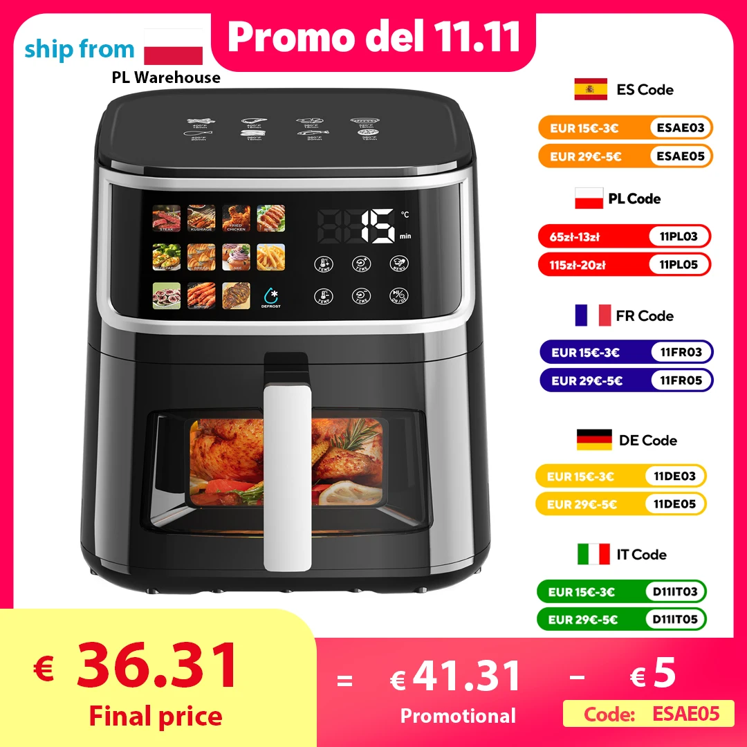 Patbrela Friteuse sans graisse 8L Grande Friteuse à air chaud avec écran LED 11 fonctions prédéfinies Roast Cuisson Dhydrate Réchauffer Silencieux Antiadhésif