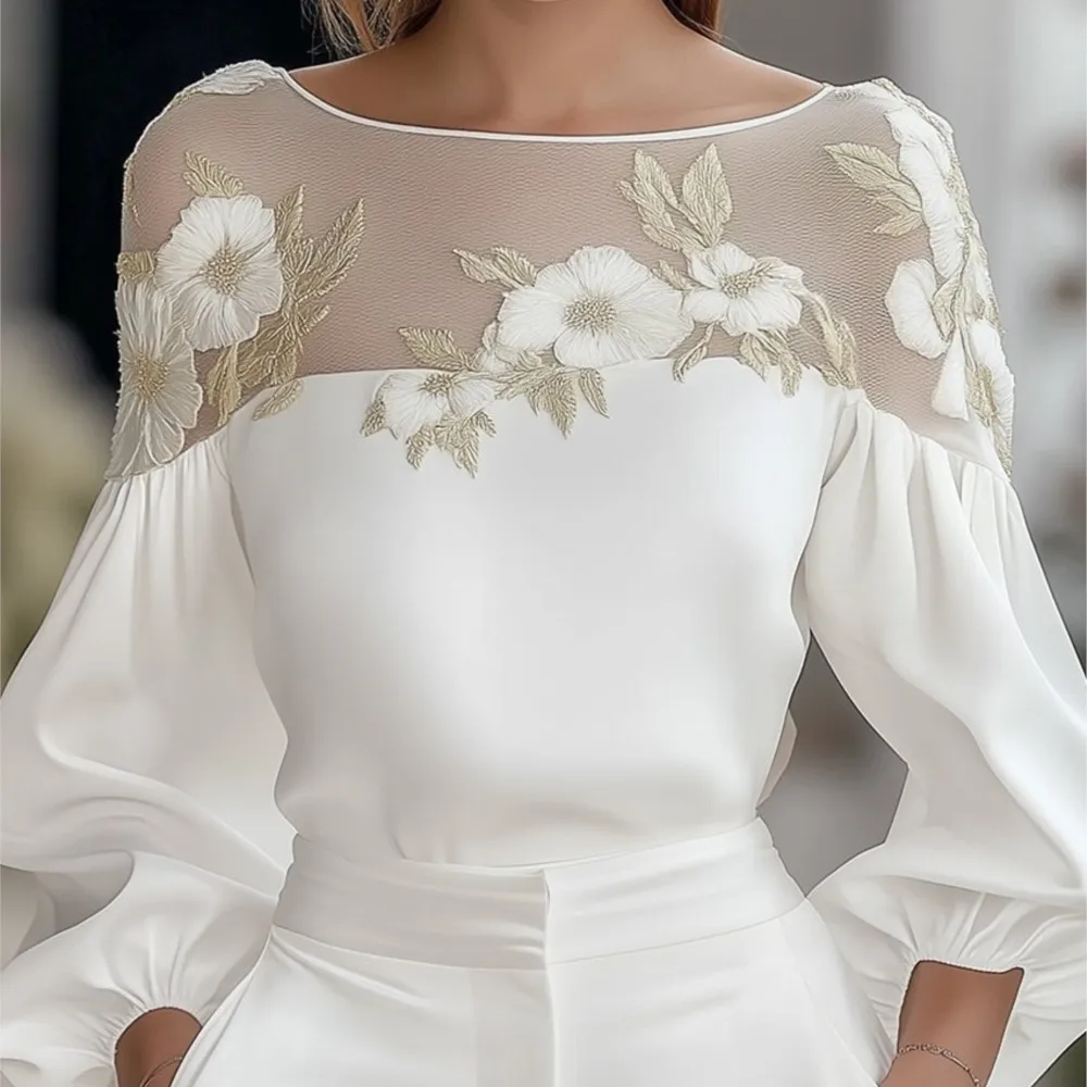 

Elegant Sexy Spring Summer Blouses Fashionable Commuting Style Digital Print Stitching Mesh Hollow Pullover Long-sleeved Tops