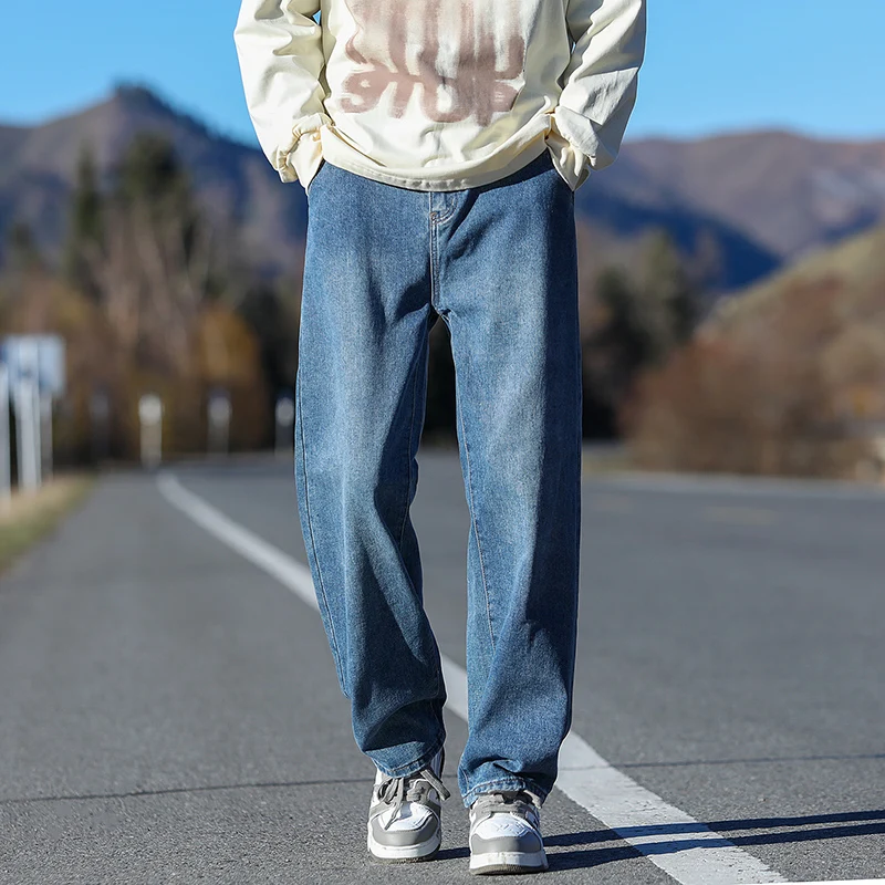 New High Waist Elastic Fashion Pocket Drawstring Solid Color Loose 2024 Autumn and Winter Men's Straight Tube Versatile Jeans