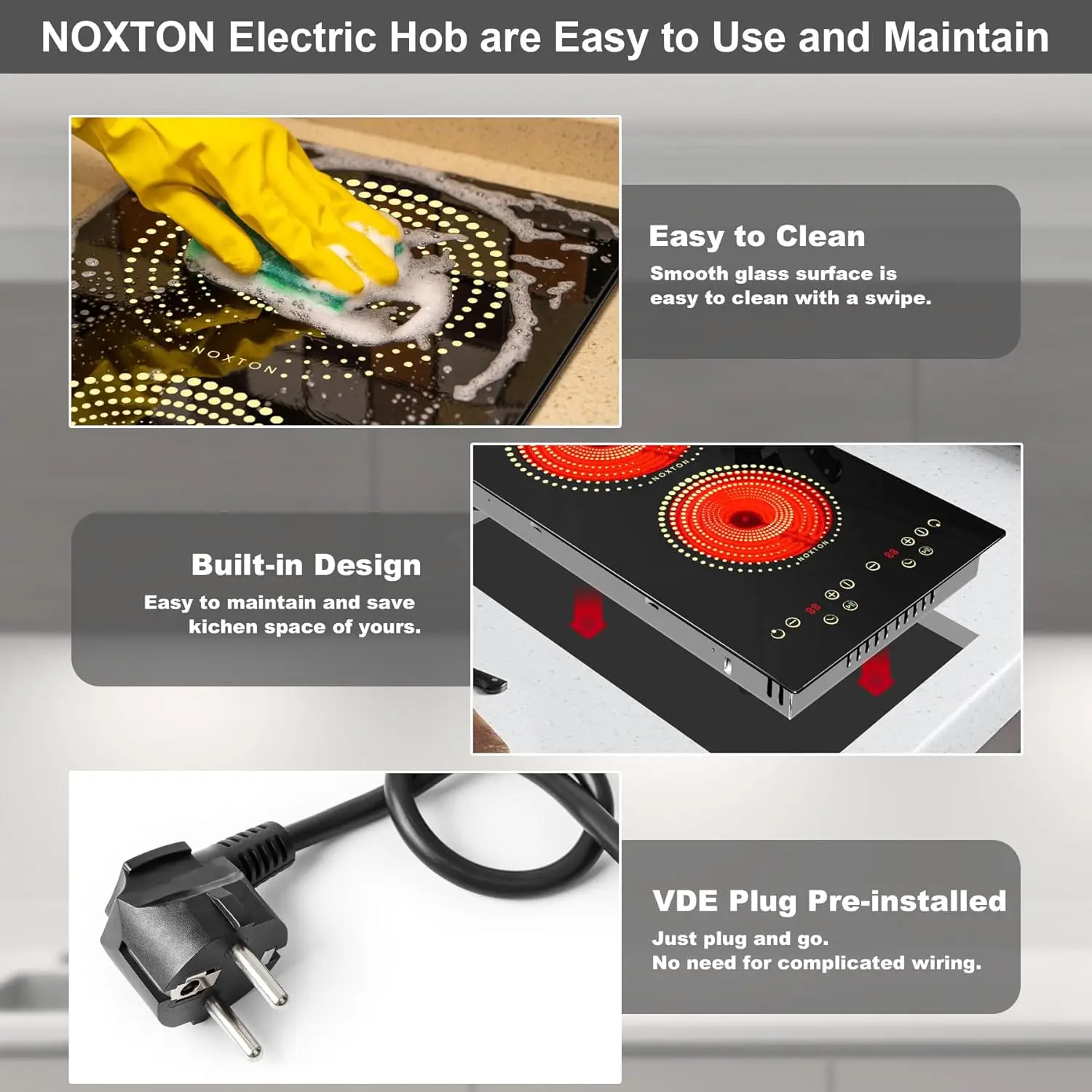 เตาเซรามิก NOXTON 2 โซน, ปลั๊กอิน US:110-120V/EU-UK:220-240V, ด้านบนเคาน์เตอร์และเตาตั้งพื้นไฟฟ้าในตัว, ตัวจับเวลา 99 นาที, ล็อคความปลอดภัย
