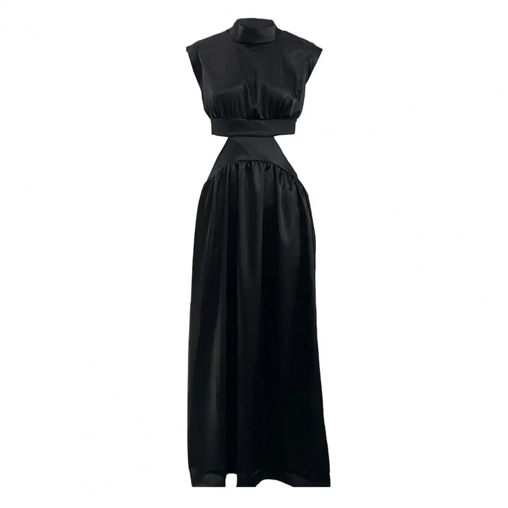 Robe longue élégante à col montant pour femmes, tenue de soirée de Cocktail plissée, ligne a, mode vacances pour femmes