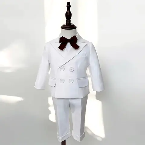 White Suit For Baby Boy 9 Month-4 Year Kids Boys Blazer Pants With Straps 3 PCS Clothes Set Baptism Wedding Elegant Party Dress