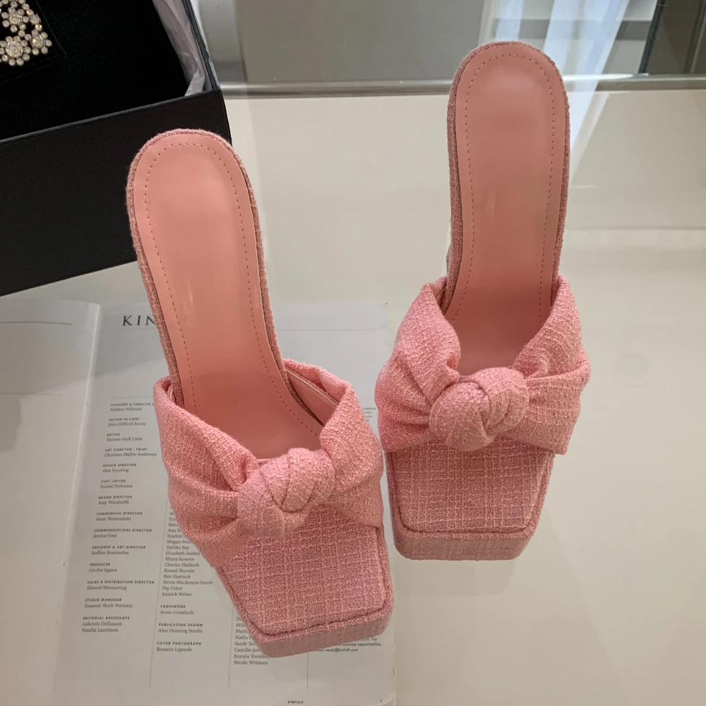 Chunky Platform Woman Slippers Butterfly-knot Open Toe Wedding Banquet Sandals Extreme High Heels Slide Shoes