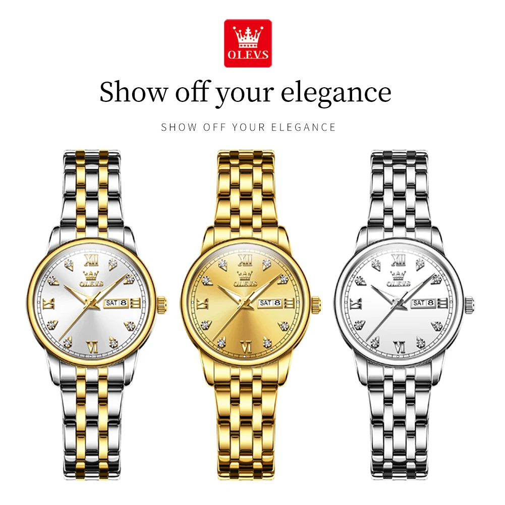 OLEVS 5525 Reloj de cuarzo informal, regalo, esfera redonda, correa de reloj de pulsera de aleación, calendario de visualización semanal