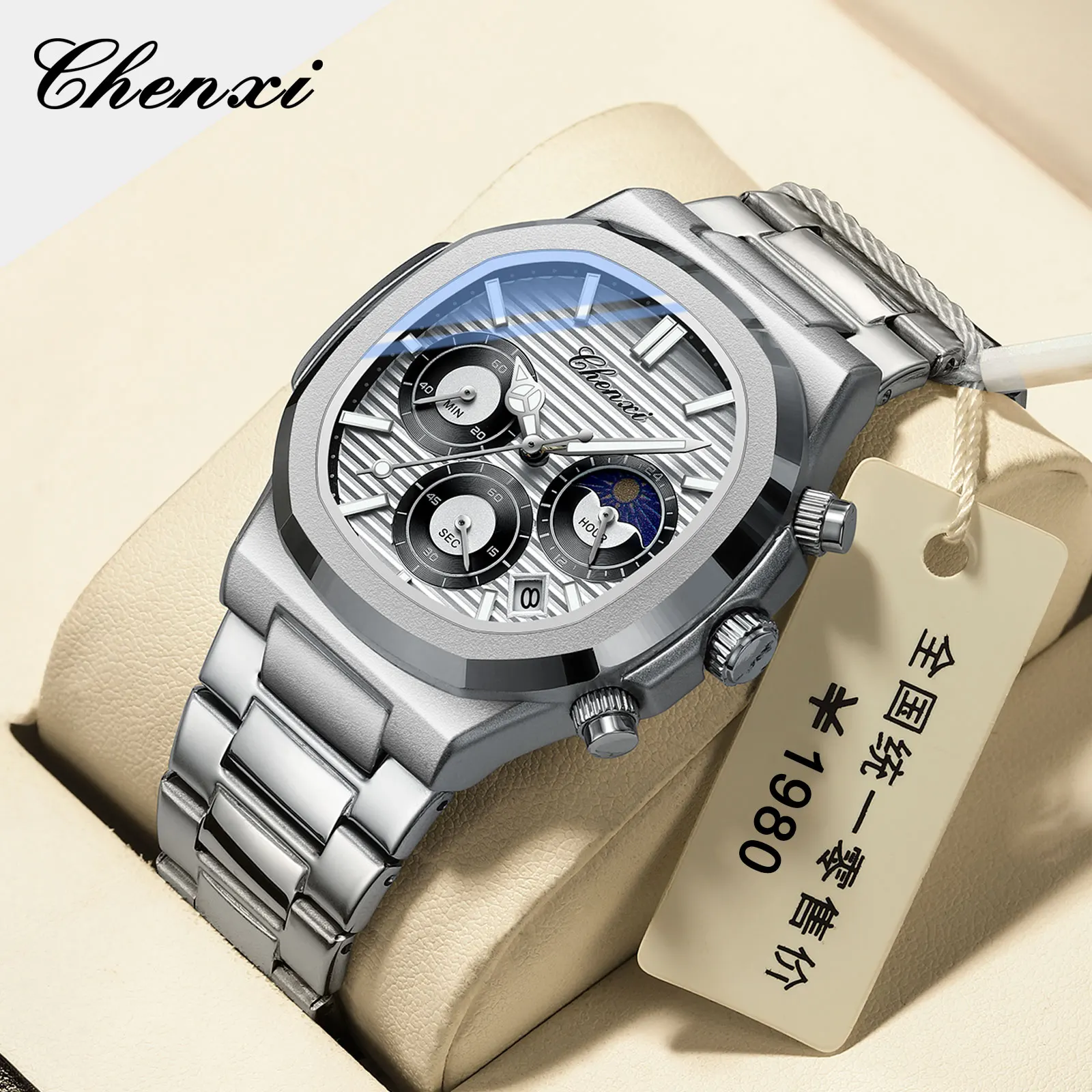 CHENXI 922 New Business Moon Phase Watch For Men Date Quartz Wristwatches With Chronograph Stainless Steel Luminous Male Clcok