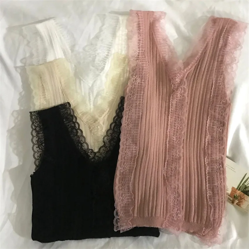 Chalecos de encaje que combinan con todo para mujer, camisetas sin mangas con cuello en V, trajes de tirantes para chica, Tops ajustados con fondo WZ1735