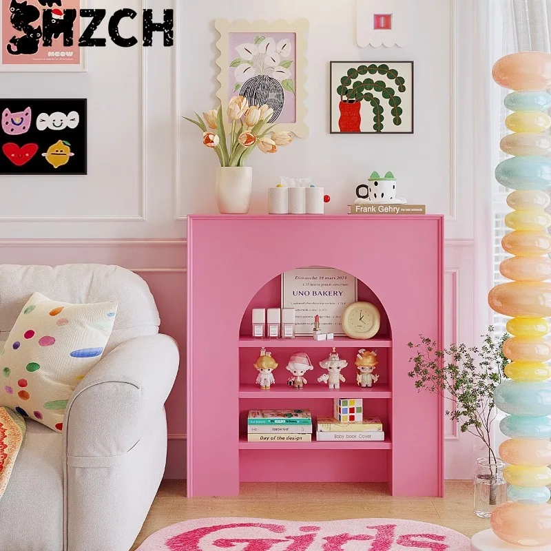 Pink Decorative Fireplace Console Table Entryway Shelf with Storage Cabinet Narrow Display Organizer for Living Room/Entryway