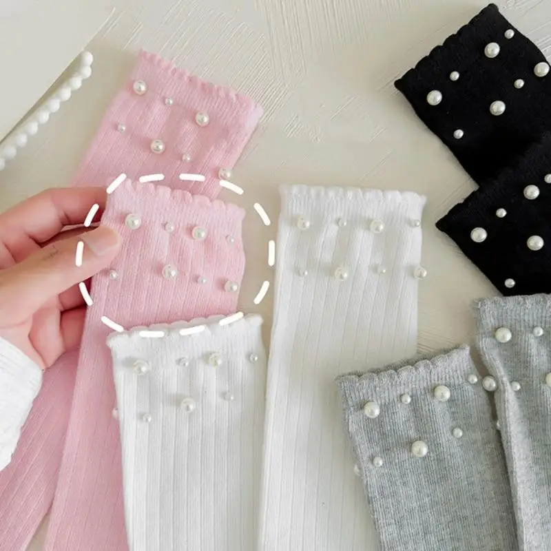 جوارب M89C أنيقة للفتيات فوق الركبة، جوارب طويلة بطول الركبة مزينة باللؤلؤ الجميل