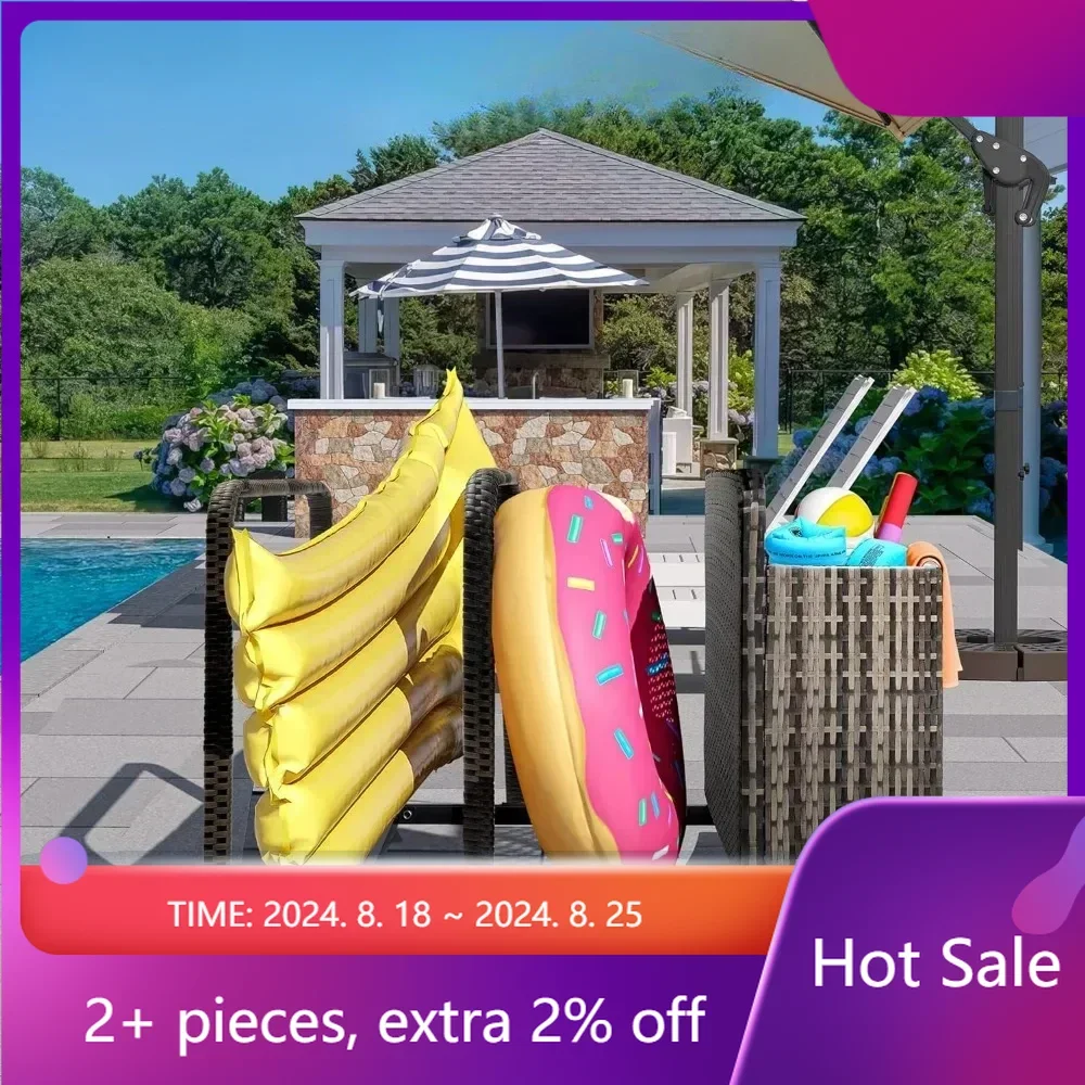 

Outdoor Wicker Patio Poolside Float Storage, PE Rattan Rolling Pool Float for cushions, Life Vests, Beach Balls, Toys