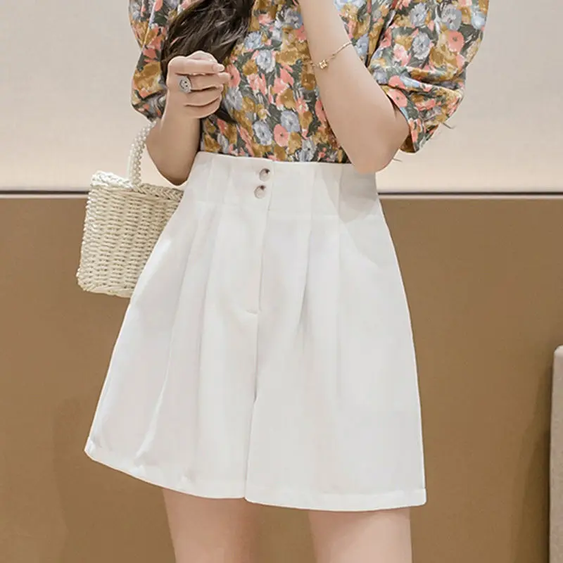 Pantalones cortos para mujer, cintura alta, plisados, corte en A, para oficina, Chic, con cinturón, clásico, elegante, temperamento, pantalones con botones, Primavera Verano