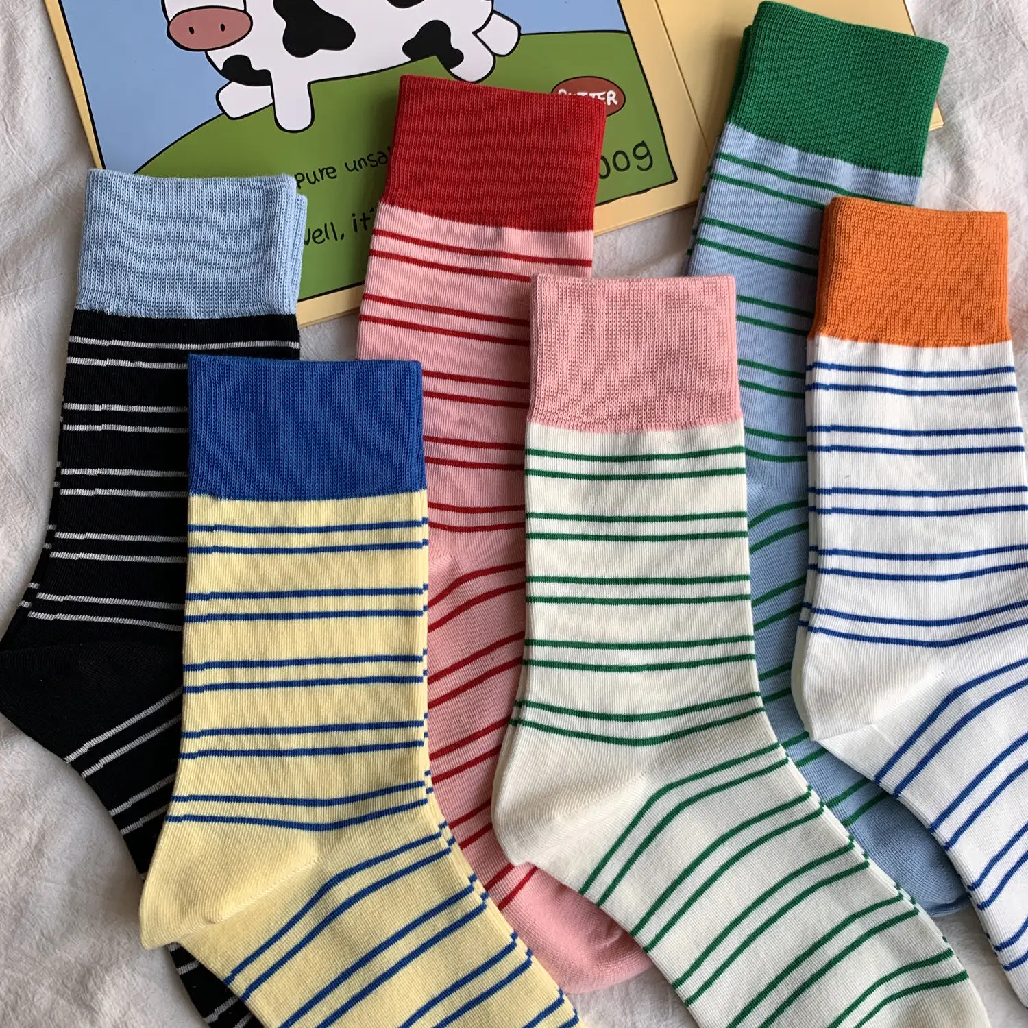 1/6 Pairs Women Colorful Striped Mid Tube Socks Spring Summer Sweat Absorbing Breathable Dopamine Color Matching Casual Socks