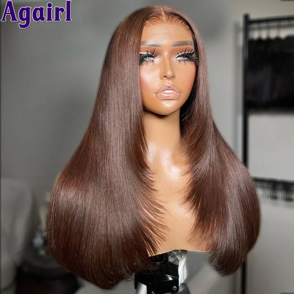 

32Inch Chestnut Brown 6x4 Closure Ready Go Human Hair Wigs Transparent 13x6 13x4 Straight Lace Frontal Wigs PrePlucked for Women