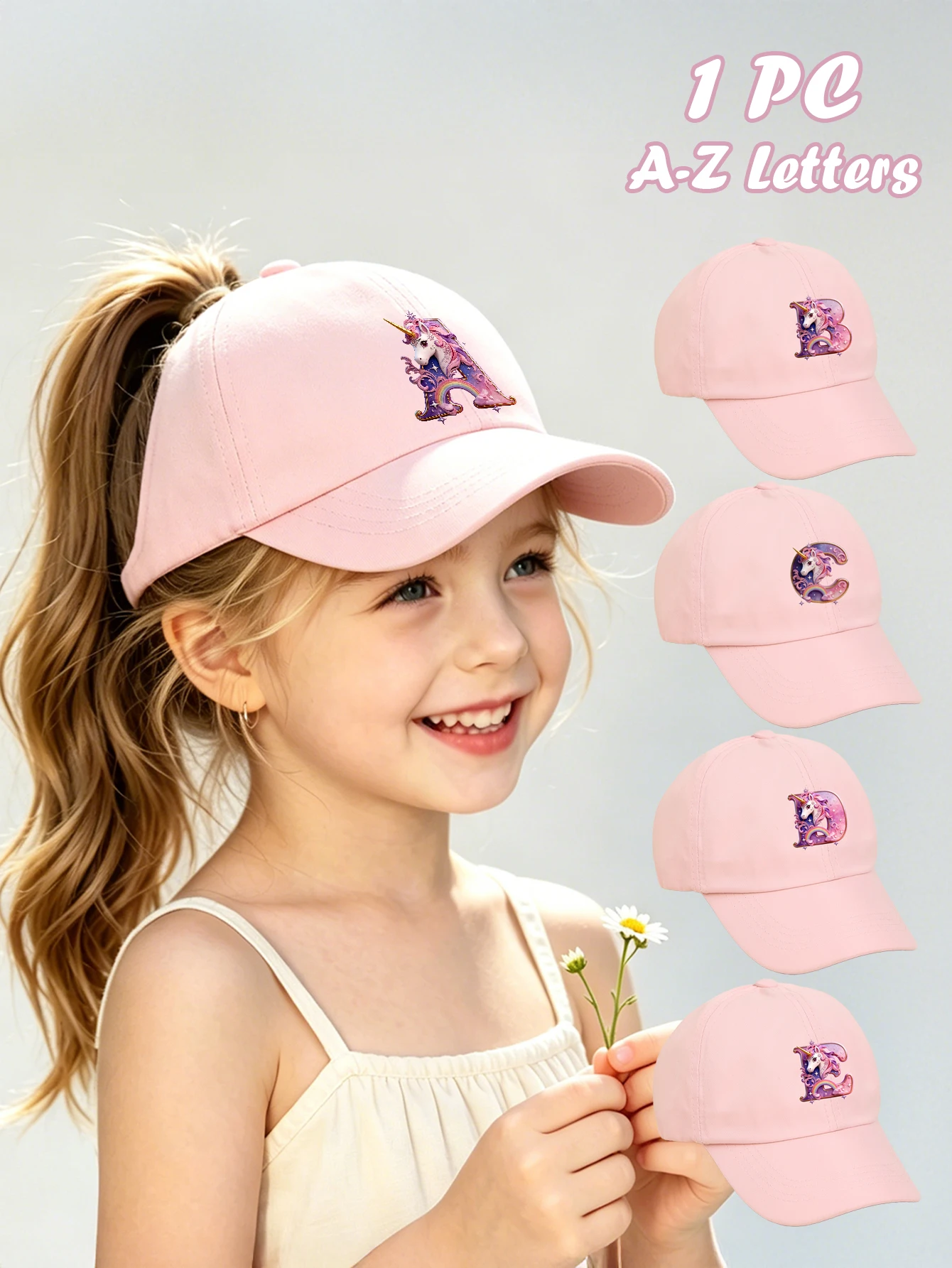 1pc pink baby hat  Adjustable Youngsters' Baseball Cap with A-Z letter Rainbow Unicorn - Breathable Sun Hat for Boys and Girls A