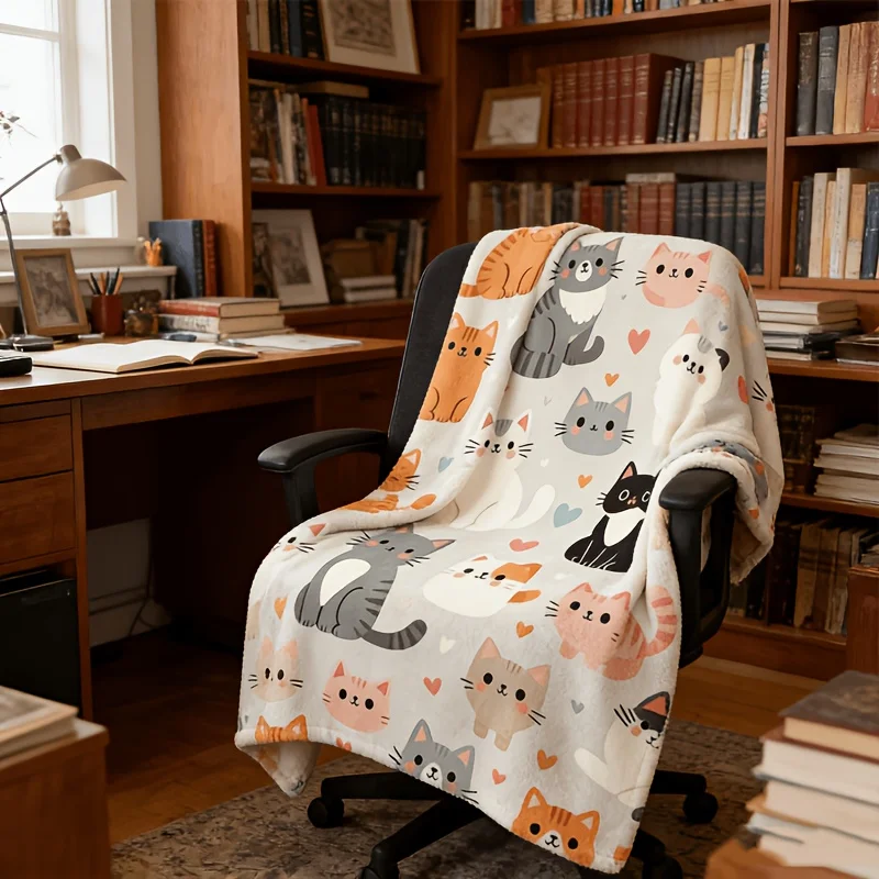 Cozy Flannel Cat Print Throw Blanket Fleece Polyester Plush Decor for Sofa Couch Bedroom Winter Lap Blanket Gift for Adults Kids