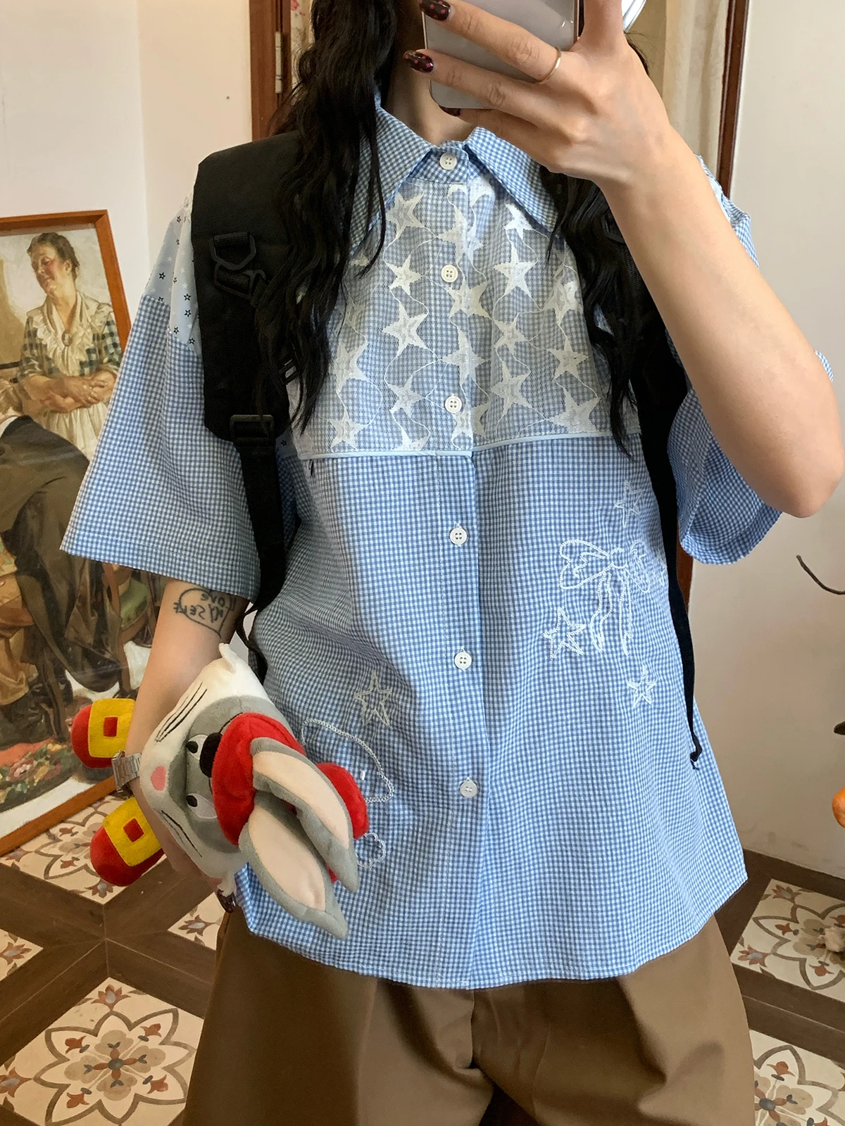 

Retro American Star Embroidery Plaid Short Sleeve Loose Women's Casual College Style Summer New Shirt Breathable Skin-Friendly