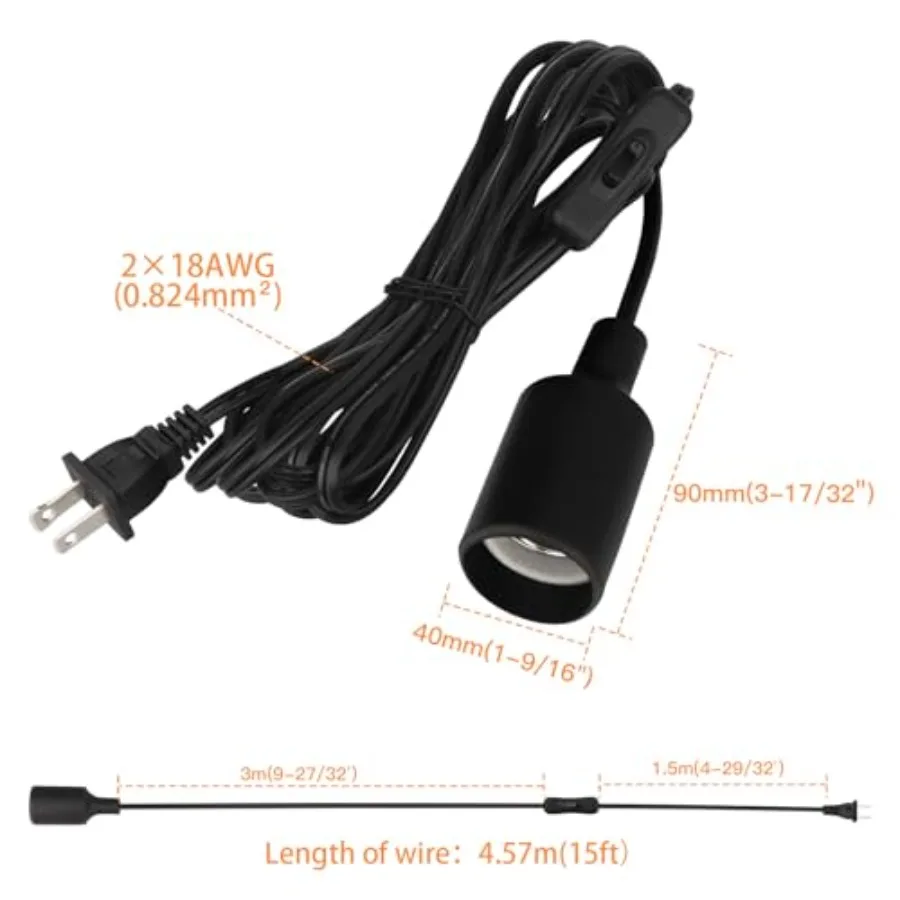15Feet Pendant Light Cord Socket, E26 Hanging Lamp Socket with ON Off Switch, E27 Base Black Lantern Extension Cord Cable Light