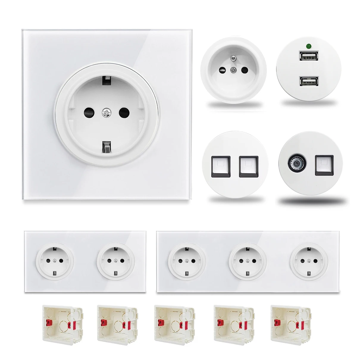 Wallpad Residential White Tempered Glass Panel 16a Wall Embedded Electrical Sockets L6 Eu Socket RJ45 Internet TV Socket Outlet