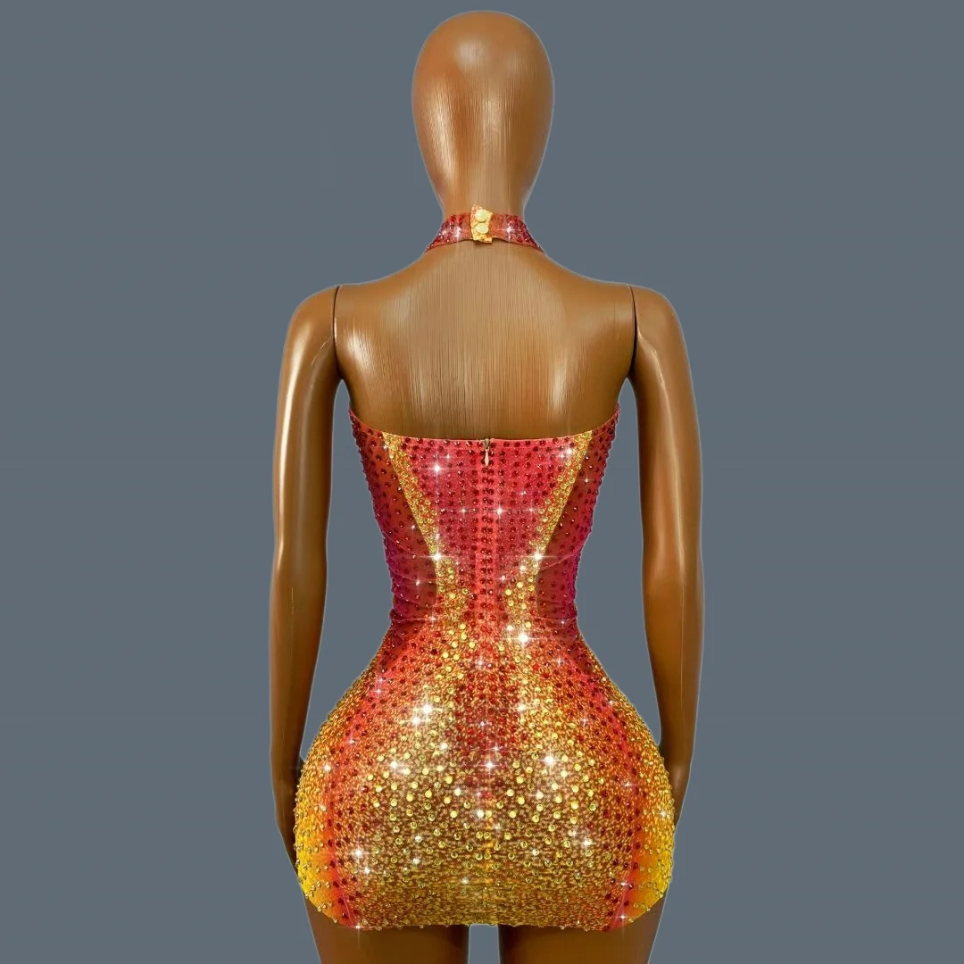 Pink Orange Gradient Rhinestone Halter Mini Dress 3D Sequined Floral Neck Deep V Cut Bodycon Mesh Stage Club Outfit Honghaixia