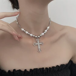 Delicate Imitation Pearl Necklace Shiny Crystal Cross Pendant Gothic Choker For Women Fashion Religious Jewelry Gifts
