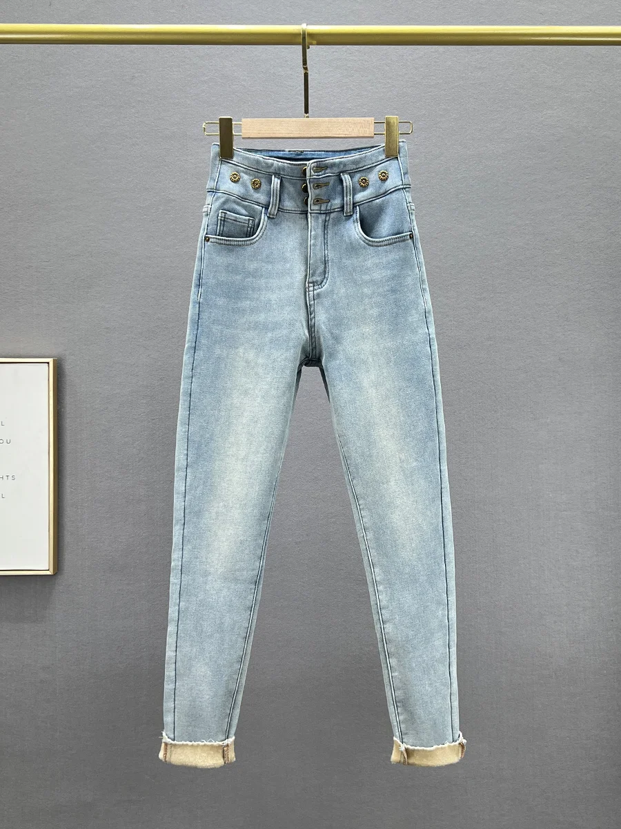 

Утепленные женские джинсы с высокой талией, новые зимние модели, облегающие универсальные брюки-карандаш, хлопковые эластичные джинсы из денима